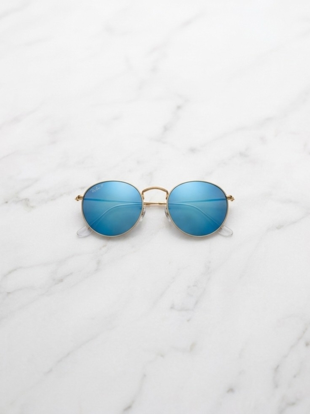 Ray-Ban P (POLARIZED) Gold Frame Blue Lens Round Sunglasses